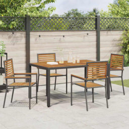 5 Piece Garden Dining Set Black Poly Rattan Acacia