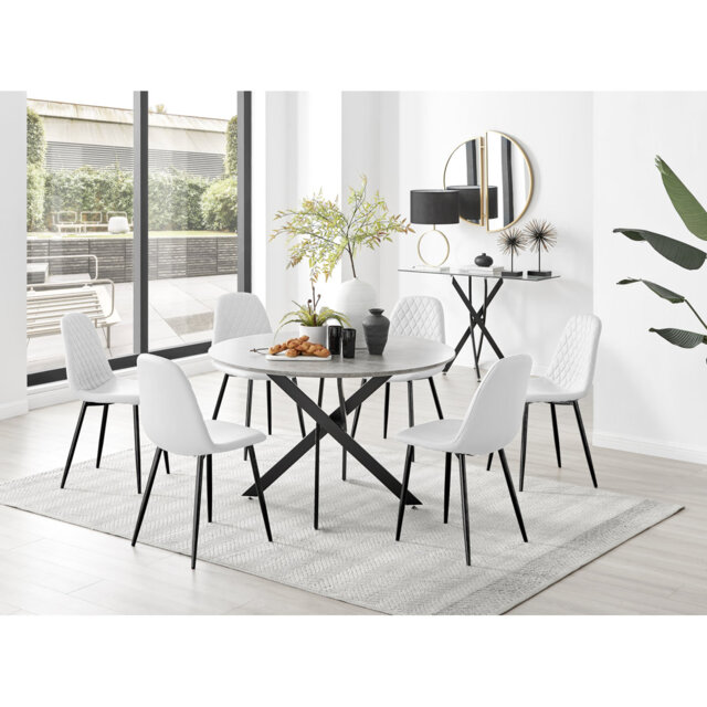 Tierra Modern Chrome Metal & Glass Round Dining Table Set with 6 Luxury Faux Leather Chairs