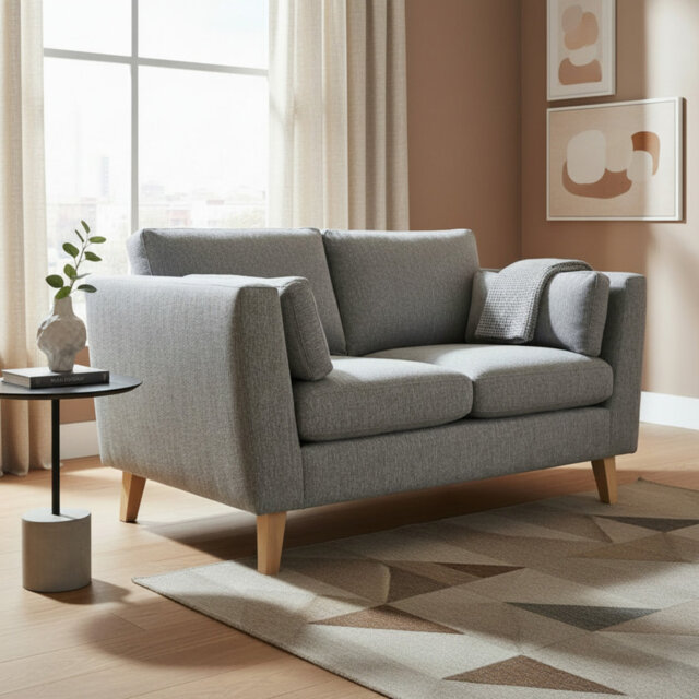 Aida 2 Seater Sofa Silver Grey Woven Fabric 150cm Scandi Style with 17cm Wooden Legs