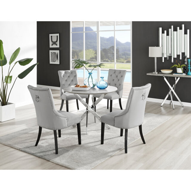 Tierra Modern Chrome Metal & Glass Round Dining Table Set with 4 Luxury Button Velvet Chairs