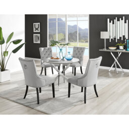 Tierra Modern Chrome Metal & Glass Round Dining Table Set with 4 Luxury Button Velvet Chairs