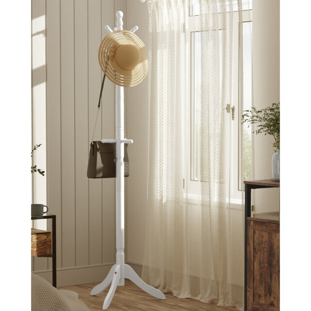 Coat Rack Stand, Coat Tree With 10 Hooks For Hats, Bags, Purses, Free Standing For Hallway, Rubberwood, Cloud White