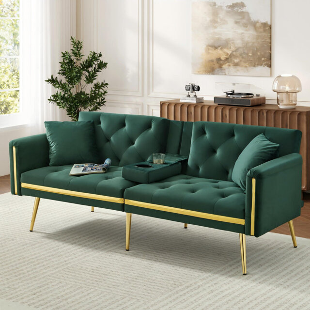 Two-seater Convertible Sofa Bed With Adjustable Backrest And Cup Holders Velvet Black