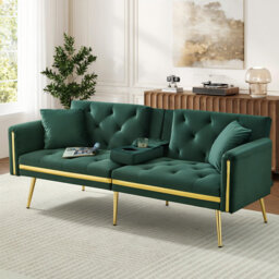 Two-seater Convertible Sofa Bed With Adjustable Backrest And Cup Holders Velvet Black