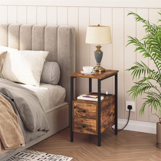 Side Table, Narrow Bedside Table With Charging Station, USB Ports And Power Outlets, Slim Side Table For Small Spaces, 2 Drawers, Industrial Nightstan