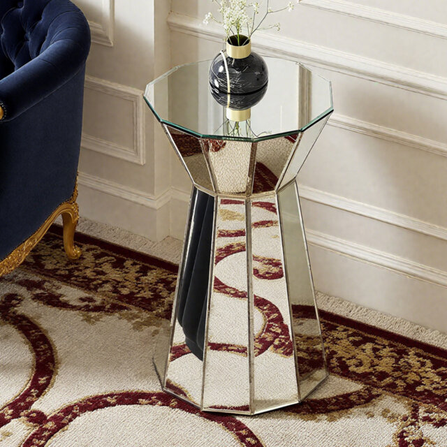 Melle Glass Mirrored Side Table Silver Round Small Coffee Table