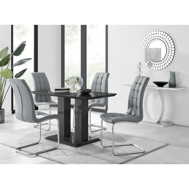 Edzard Double Pedestal High Gloss Dining Table Set with 4 Modern Faux Leather Dining Chairs