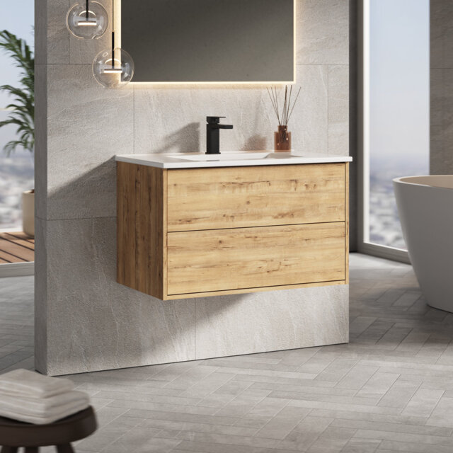 Albrightsville 800mm Wallhung Vanity Unit With Athena Basin-ostippo Oak