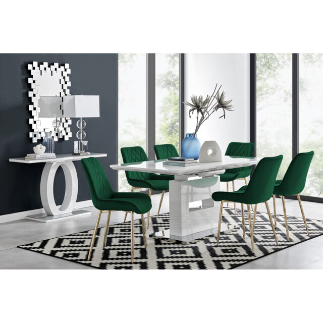 Alezzo Modern High Gloss Extendable Dining Table Set with 6 Luxury Velvet Dining Chairs