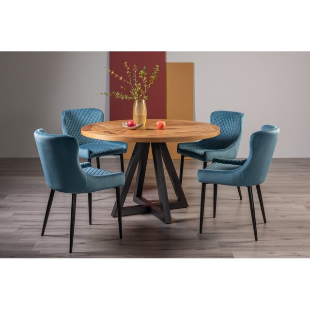 Rustic Oak and Peppercorn Cicrular Dining Table-and-4-Upholstered Arm Chair Quilted With Diamond Stitched Pattern and Sand Black Finish Velvet Fabric