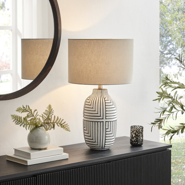 Maize Grey & Black Patterned Ceramic Round Base Table Lamp - Elegant Simple Design