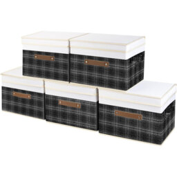 Collapsible Storage Box With Lid, Patchwork Design, Decorative, Fabric Storage Box For Clothes, Wardrobe Storage, 38X25x25 Cm, Set Of 5, Black