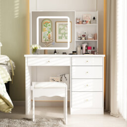 100cm Wide Dressing Table with 3-Colour LED Mirror & 5 Drawers - Compact Vanity with Stool