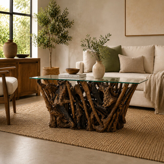 Modern Pure Wooden Console Table Teak Root Handmade 110cm Console Table with Tempered Glass Top