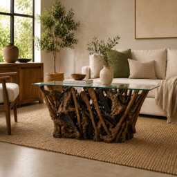 Modern Pure Wooden Console Table Teak Root Handmade 110cm Console Table with Tempered Glass Top