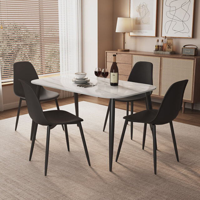 Aspen Gloss White Sintered Stone Rectangular Table and 4 Curve Plastic Chairs - Modern Dining Set