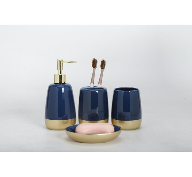 4-Piece Navy Blue Gold Luxury Ceramic Bathroom Set: Soap Dispenser, Toothbrush Holder, Tumbler, Soap Dish