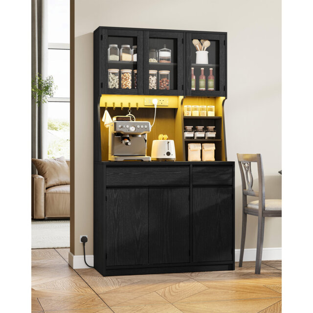 Kitchen Cupboard with LED & Power Outlet, Tall Kitchen Cabinet with Countertop & 2 Drawers, Sideboard Storage Cabinet, Adjustable Shelves, for Dining