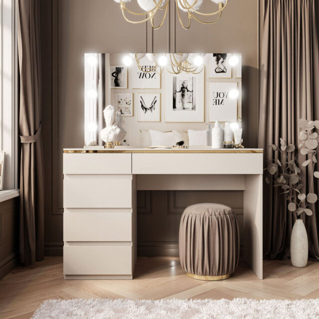 Dressing Table CASHMERE with Mirror and Lighting + high gloss gold