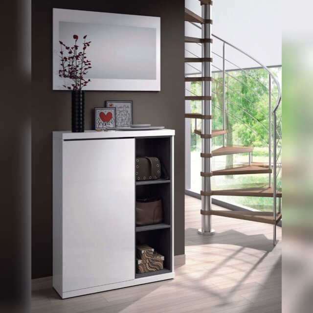 Pivot White Gloss Shoe Cabinet With Mirror Storage Stand, Shoe Rack Organiser 79cm Wide Hallway Unit