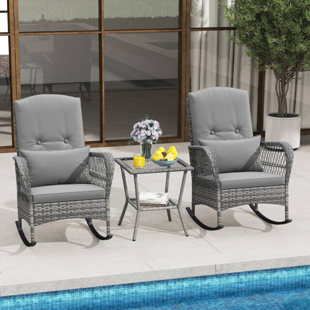 3-Piece Outdoor Rocking Chair Set Hand-Woven PE Rattan Chairs-Grey