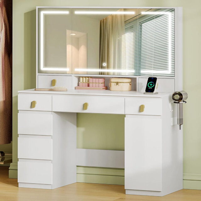 Dressing Table, Large HD Mirror, Vanity Desk with 3 Color LED Lights, Adjustable Brightness, Vanity Table with Power Strip and Hair Dryer Rack, 8 Draw
