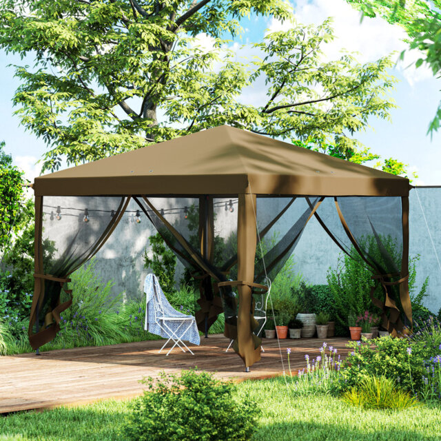 3 X 3m Pop Up Gazebo, 420d Canopy With Removable Mesh Sidewall Netting, 3-level Adjustable Powder-coated Metal Frame, With Carry Bag Guy Ropes Ground