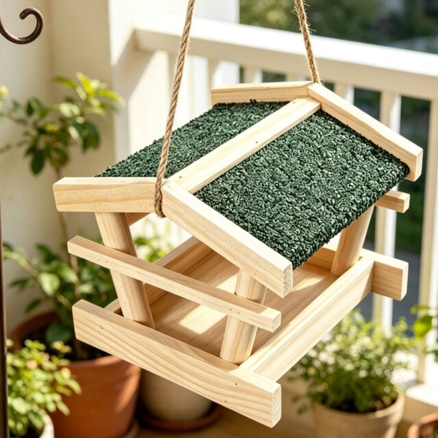 Wooden Hanging Bird Feeder Table with Roof Outdoor Wild Bird Feeding Station Rope Hanging Seed Tray for Garden Trees Patio Balcony Small Birds