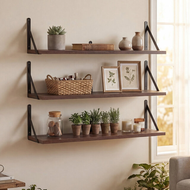 Floating Shelves Wall Wood Rustic with Brackets Vintage Brown Set of 3