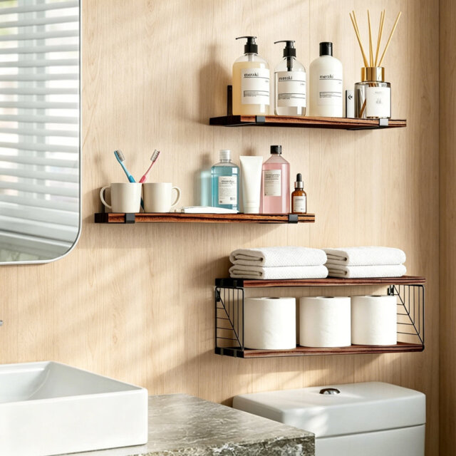 Rustic Brown Wooden Floating Wall Shelves, Wall Mounted Display Shelving for Pictures & Small Trinkets, Multi-Room Storage Organiser for Bathroom, Kit