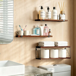 Rustic Brown Wooden Floating Wall Shelves, Wall Mounted Display Shelving for Pictures & Small Trinkets, Multi-Room Storage Organiser for Bathroom, Kit