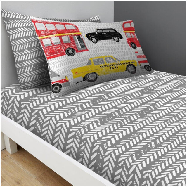 Kids Transport Theme Fitted Sheet Set Polycotton Bedding with Pillowcases Elasticated Edges Secure Fit Soft Comfortable Easy Care