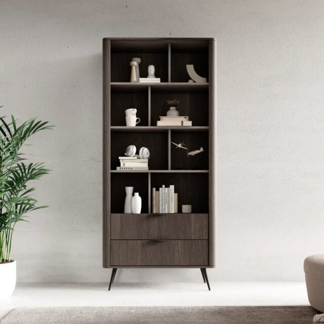 Veris 88 Cm Bookcase In Oak Dunin And Black With 2 Drawers
