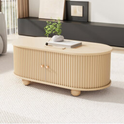 Coffee Table With 2 Sliding Doors Oval Natural