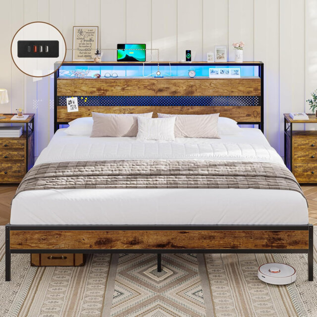 Bed Frame with Wooden Headboard, Metal Platform Bed Frame with LED Lights and Charging Station,Sturdy Metal Slats Support, UnderBed Storage,Easy Assem