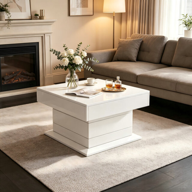White High Gloss Lift Top Coffee Table With Rotating Desktop and 1 Storage Drawer
