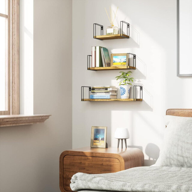 Rustic Floating Shelves, Decorative Wood Wall Shelves Set Of 3, Wall Mounted Storage Shelves For Bedroom, Living Room, Kitchen, Bathroom, Office And M