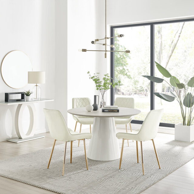 Edzard Statement 4 Person Round Dining Table Set in Luxury Stone Effect - Velvet Dining Chairs