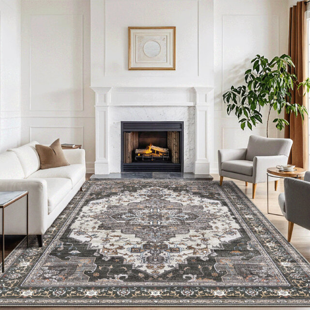 Verona Dark Green Vintage Floral Low Pile Non-Slip Machine Washable Area Rug