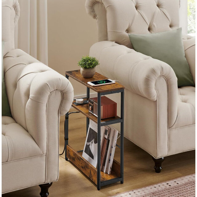 Slim Side Table with Charging Station, 3-Tier Narrow Bedside Table, End Table for Small Spaces