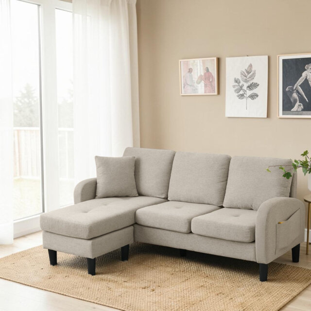 Celis Beige Mix Grey Linen Fabric L-shaped Corner Sofa with Chaise Lounge – 3-Seater Sofa, Plastic Legs