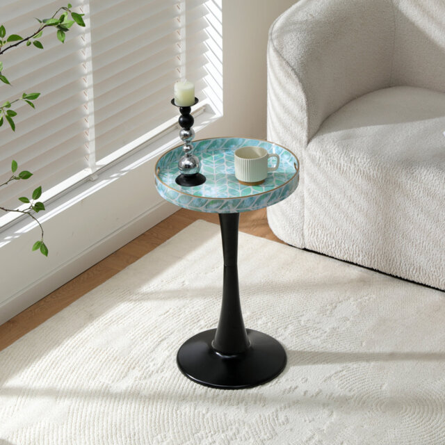 Round Bar Coffee End Table, Modern Bohemian Accent Side Table with Mosaic & Patterned Top, Black Metal Tulip Base, 7 Color Options