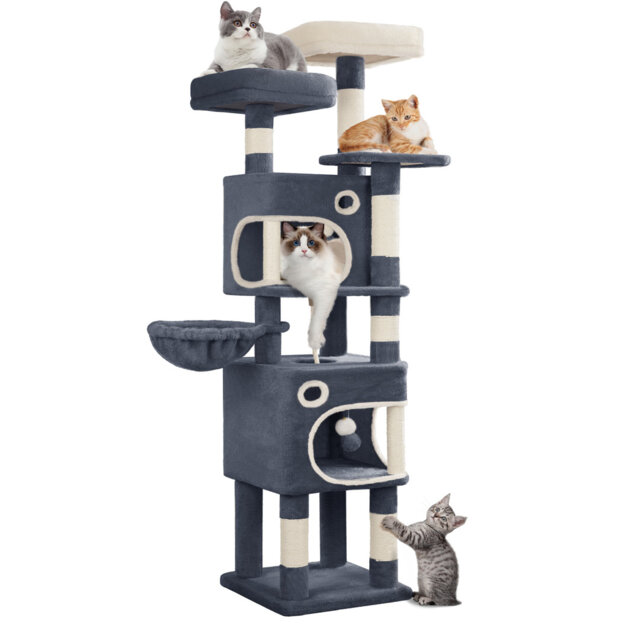159 cm Cat Tree for Indoor Cats, Cat Tower, Multi-Level Cats Condo with 8 Scratching Posts, 3 Platforms, 2 Caves, Basket, Plush Balls, Sisal Rope, Ant