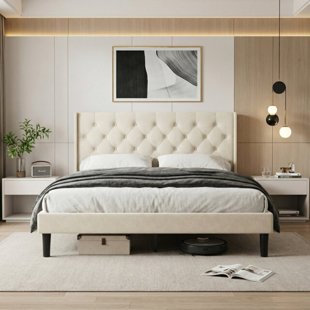 Modern design upholstered bed with side-wing headboard design