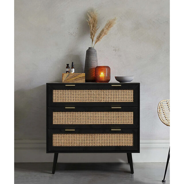 Akey Black Wooden 3 Drawer Rattan Chest of Drawers for Bedroom