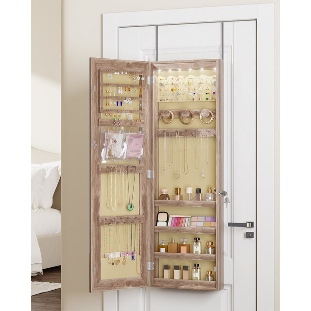 Jewelry Cabinets with Mirror and LED Lights, Door Hanging/Wall Mounted Jewelry Armoire