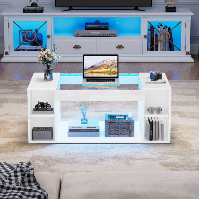 100x50x40cm Modern High Gloss Coffee Table With Led Lights & Adjustable Storage Shelf, Rectangle Living Room Tea Table With Usb Powered Led Lighting,