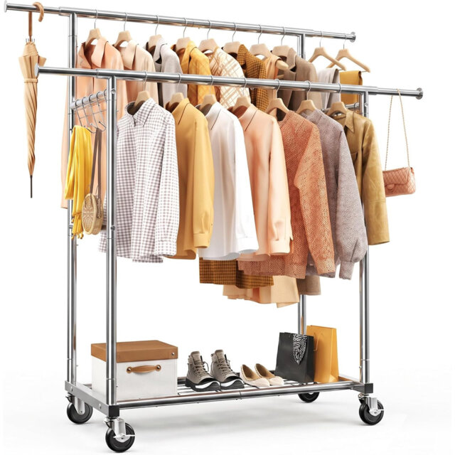 Double Rail Freestanding Clothes Rack, with Mesh Board and Side Hooks