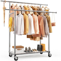 Double Rail Freestanding Clothes Rack, with Mesh Board and Side Hooks