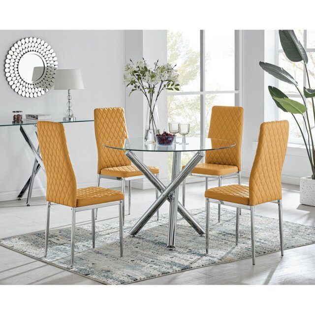 Eubanks Modern Round Dining Table Set in Glass and Chrome with 4 Luxury Faux Leather Chairs